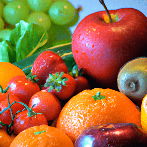 תמונה של מבחר צבעוני של פירות וירקות טריים, המסמלים תזונה בריאה.