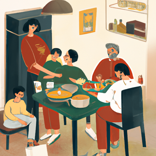תמונה של משפחה נהנית מארוחה בריאה ביחד בבית.