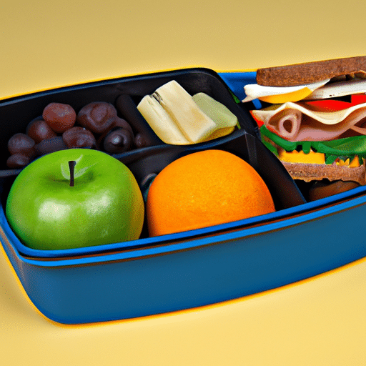 תמונה של מגש צהריים לבית הספר מלא בפריטי מזון מזינים.