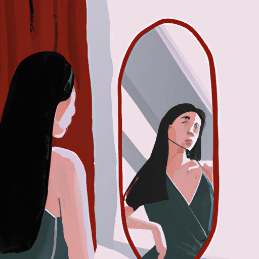 1. איור של אישה מסתכלת בביטחון לתוך המראה, רואה השתקפות של האני העתידי המוצלח שלה.