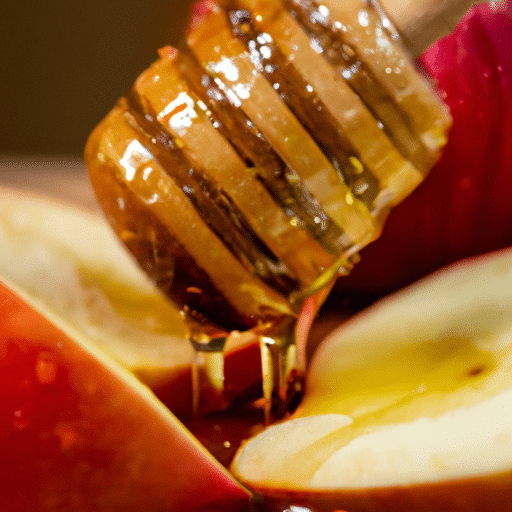 צילום תקריב של תפוחים טבולים בדבש, מרכיב עיקרי של ראש השנה.