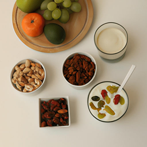 3. תמונה המציגה מבחר חטיפים בריאים כולל פירות, אגוזים ויוגורט