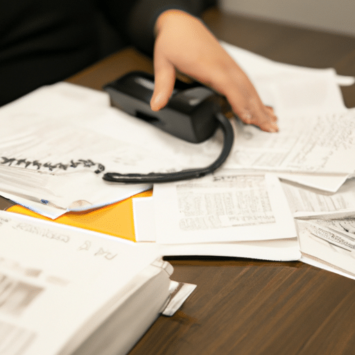 תמונה של אדם מנהל משא ומתן בטלפון, עם ניירת פרושה סביבו.