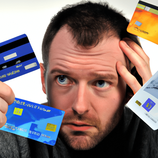 תמונה המציגה אדם נבוך מוקף בכרטיסי אשראי שונים, המעידה על הבלבול בבחירת מערכת סליקת האשראי הנכונה